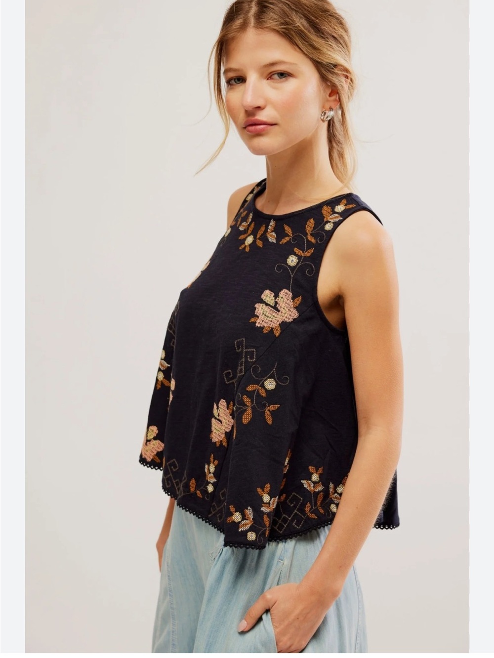 Free People Black Embroidered Floral A-Line Camisole